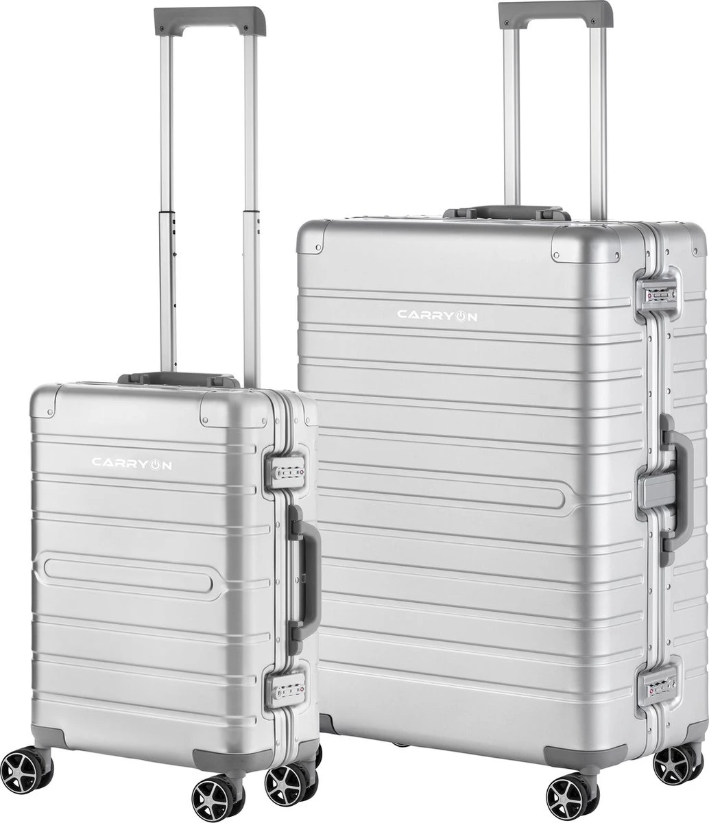 CarryOn Kofferset ULD - Luxe Aluminium Handbagage Koffer 55cm + 76cm Grote Reiskoffer - Dubbel TSA Slot - Zilver 1 CarryOn Kofferset ULD - Luxe Aluminium Handbagage Koffer 55cm + 76cm Grote Reiskoffer - Dubbel TSA Slot - Zilver