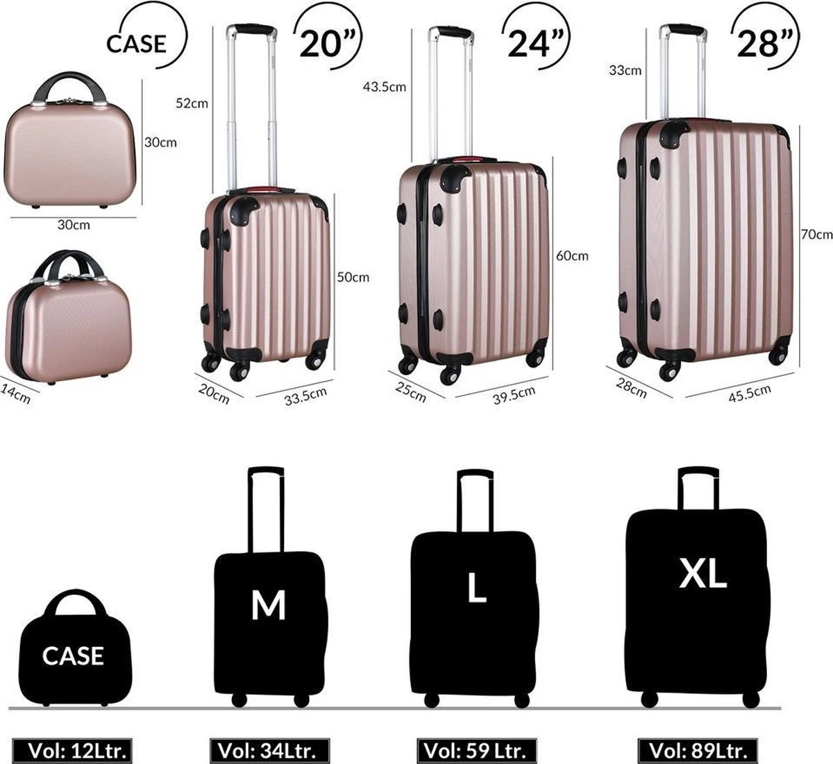 Monzana Hardcase Kofferset 4 Delig - Baseline Beautycase/M/L/XL - Rosé 7 Monzana Hardcase Kofferset 4 Delig - Baseline Beautycase/M/L/XL - Rosé - Afbeelding 7
