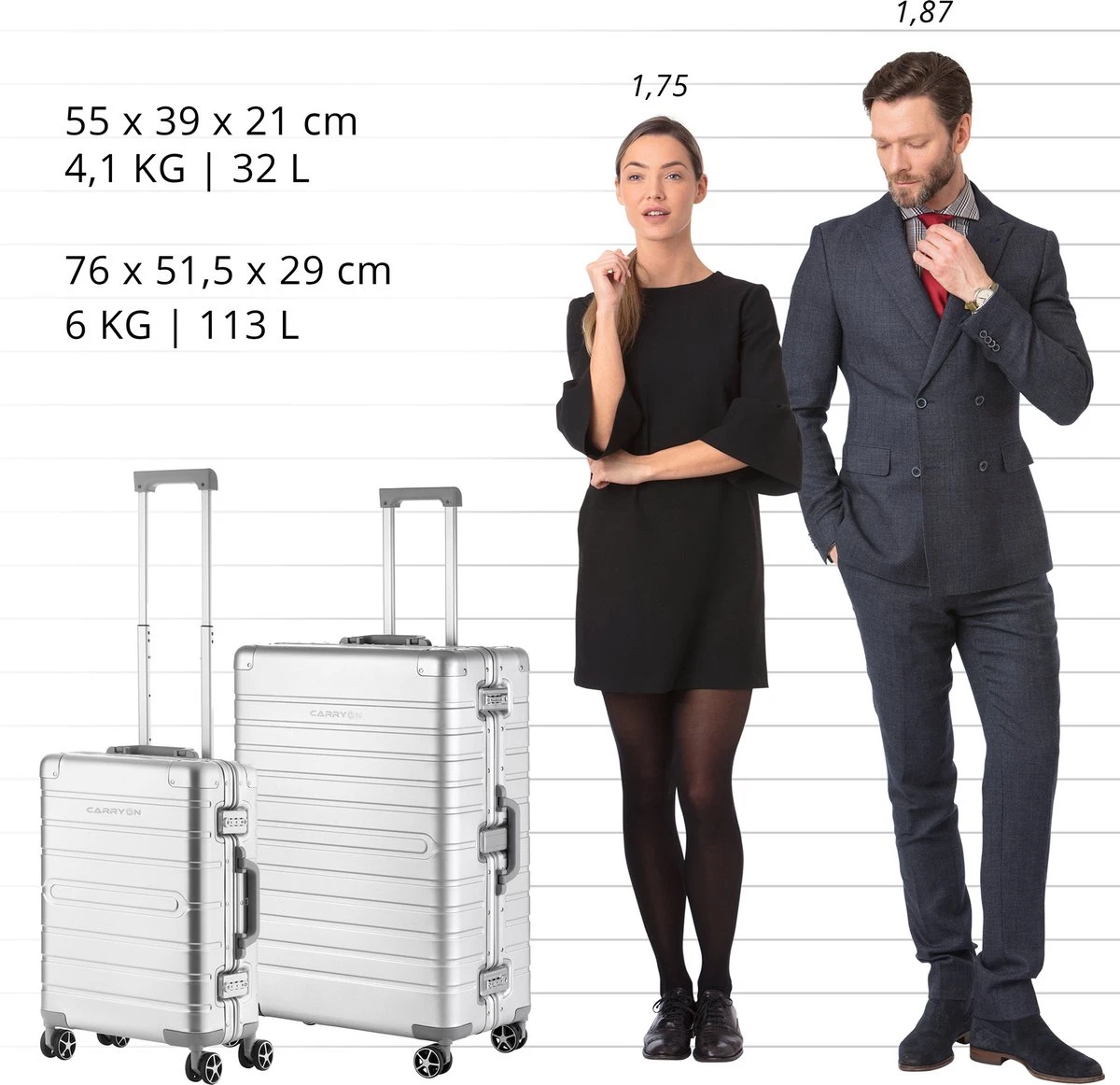 CarryOn Kofferset ULD - Luxe Aluminium Handbagage Koffer 55cm + 76cm Grote Reiskoffer - Dubbel TSA Slot - Zilver 5 CarryOn Kofferset ULD - Luxe Aluminium Handbagage Koffer 55cm + 76cm Grote Reiskoffer - Dubbel TSA Slot - Zilver - Afbeelding 5