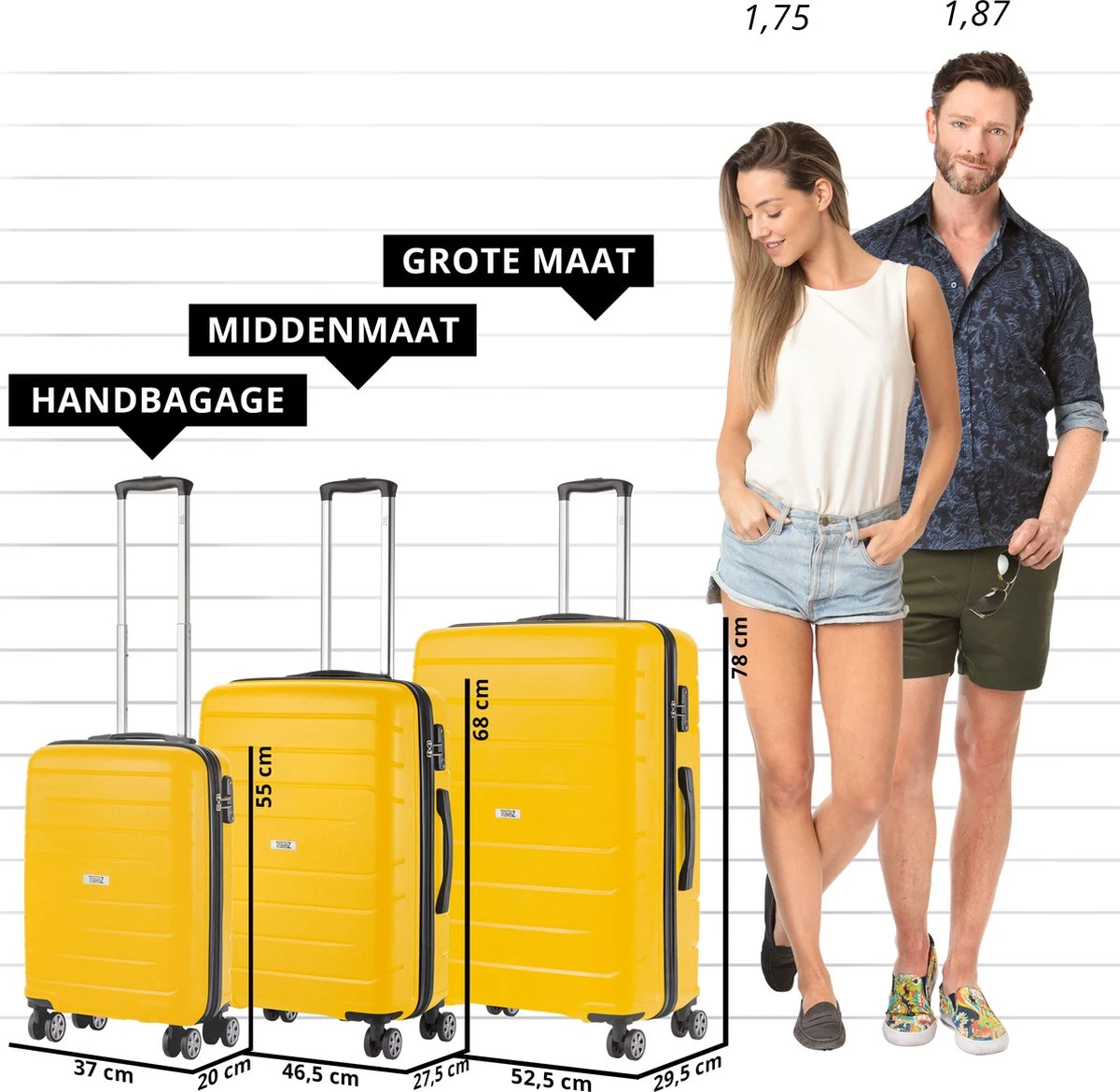 TravelZ Big Bars Kofferset - Trolleyset 3-delig Met TSA-slot - Geel 3 TravelZ Big Bars Kofferset - Trolleyset 3-delig Met TSA-slot - Geel - Afbeelding 3