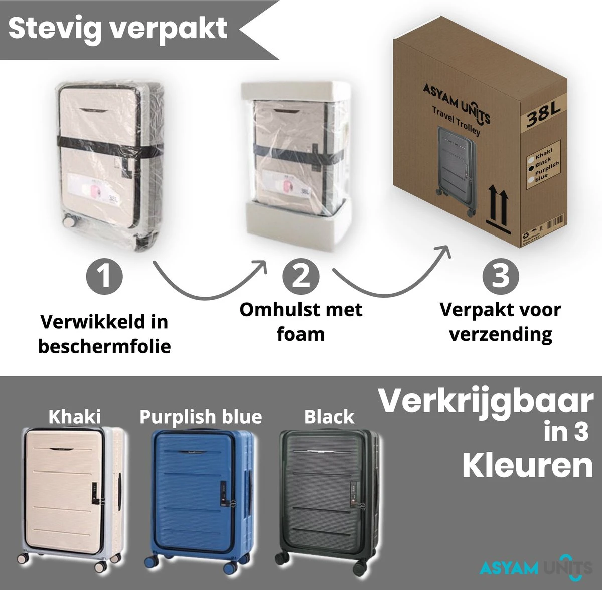 Asyam Units- Handbagage- Invouwbaar- Koffer- Koffer 38L- Spinner Wielen- TSA Slot- Lichtgewicht- Zwart 4 Asyam Units- Handbagage- Invouwbaar- Koffer- Koffer 38L- Spinner Wielen- TSA Slot- Lichtgewicht- Zwart - Afbeelding 4