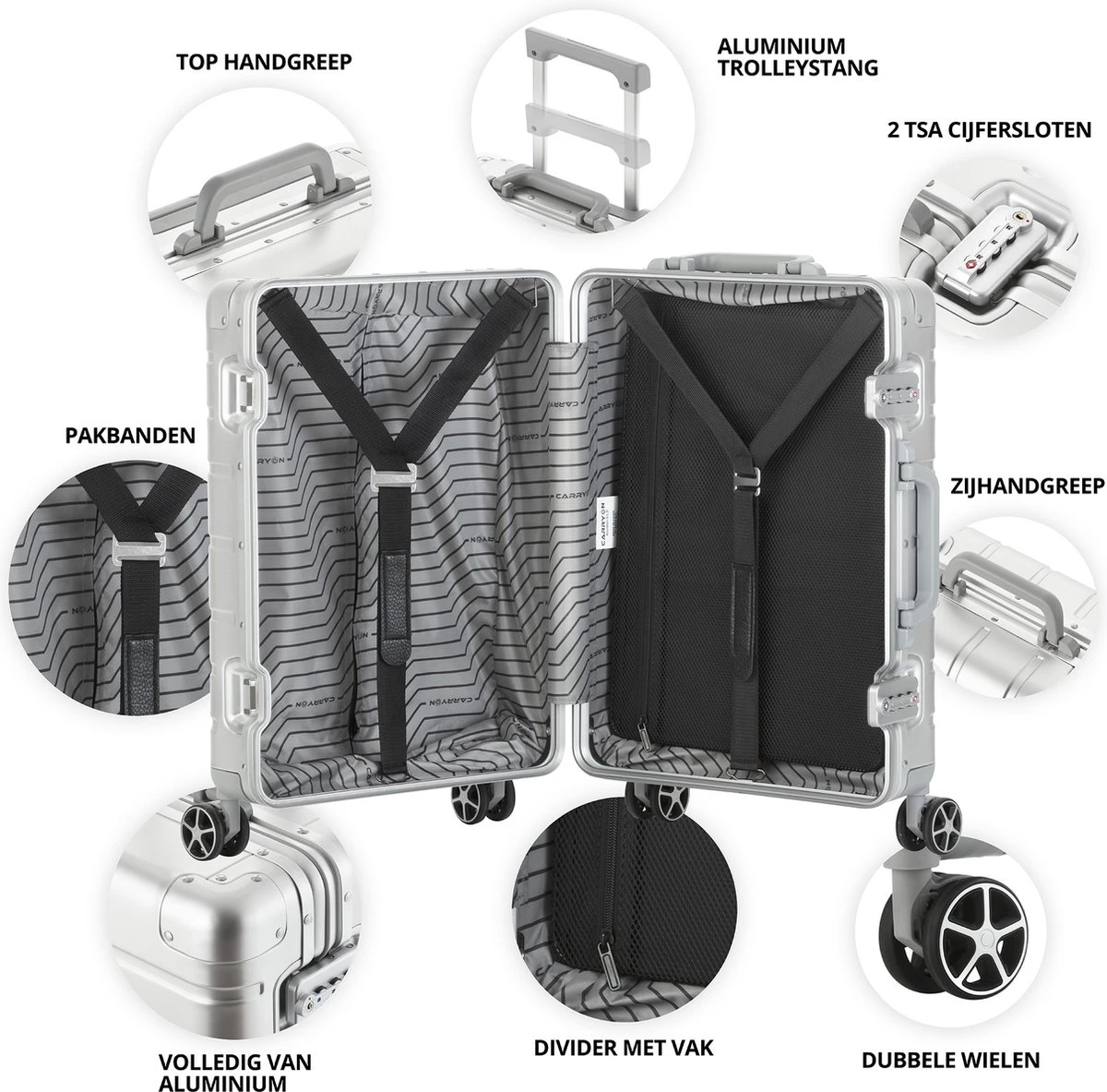 CarryOn Kofferset ULD - Luxe Aluminium Handbagage Koffer 55cm + 76cm Grote Reiskoffer - Dubbel TSA Slot - Zilver 3 CarryOn Kofferset ULD - Luxe Aluminium Handbagage Koffer 55cm + 76cm Grote Reiskoffer - Dubbel TSA Slot - Zilver - Afbeelding 3