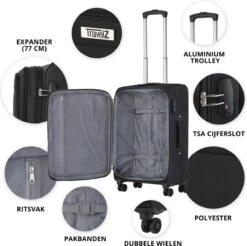 TravelZ Softspinner TSA Kofferset - 2-delig Handbagage + Grote Koffer 77cm - Dubbele Wielen - Zwart -Reizen Verkoopwinkel 1200x1193 5
