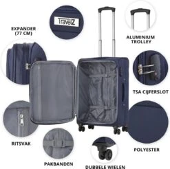 TravelZ Softspinner TSA Kofferset - 2-delig Handbagage + Grote Koffer 77cm - Dubbele Wielen - Blauw 11 TravelZ Softspinner TSA Kofferset - 2-delig Handbagage + Grote Koffer 77cm - Dubbele Wielen - Blauw -Reizen Verkoopwinkel 1200x1194 2