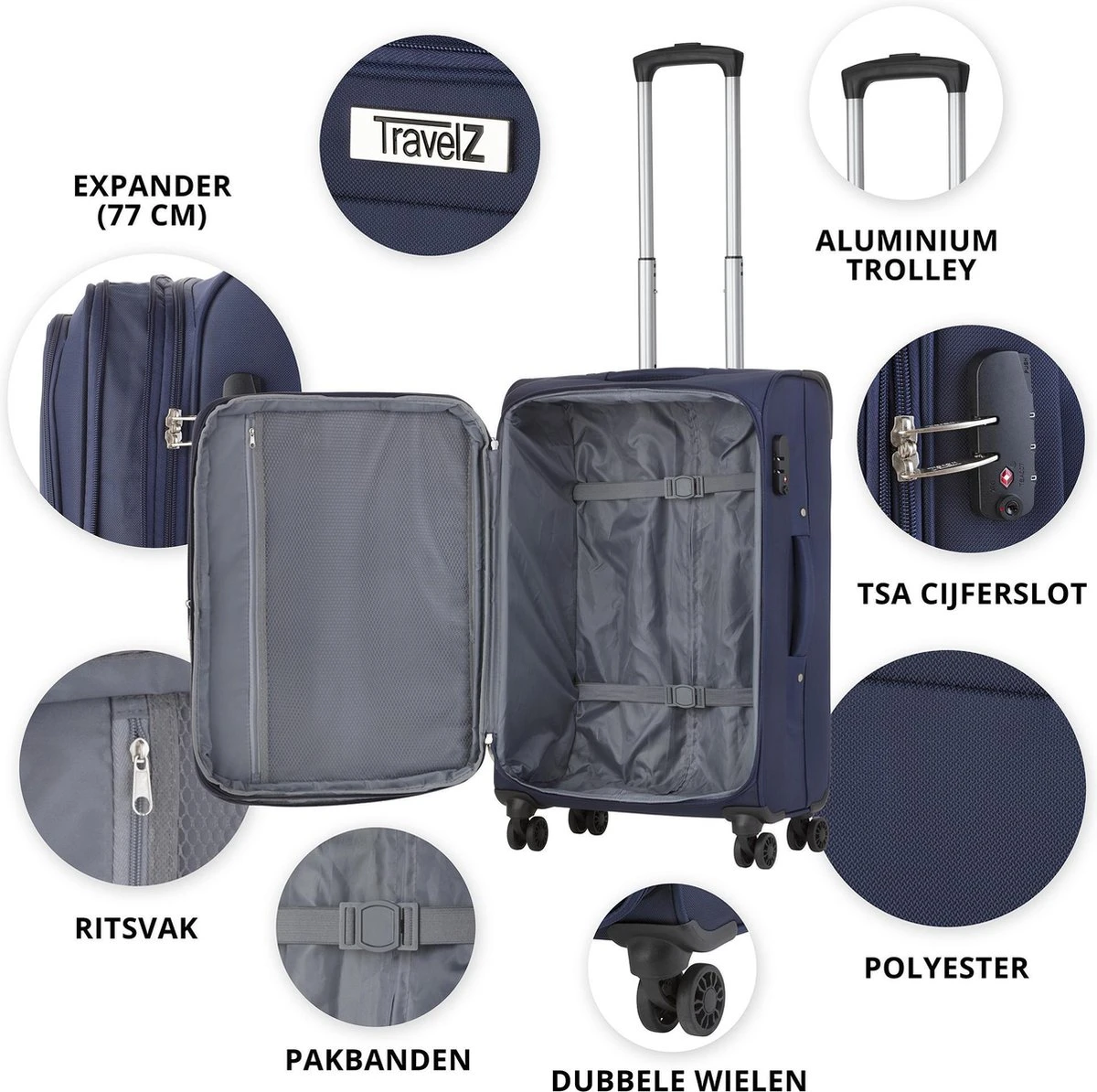 TravelZ Softspinner TSA Kofferset - 2-delig Handbagage + Grote Koffer 77cm - Dubbele Wielen - Blauw 4 TravelZ Softspinner TSA Kofferset - 2-delig Handbagage + Grote Koffer 77cm - Dubbele Wielen - Blauw - Afbeelding 4