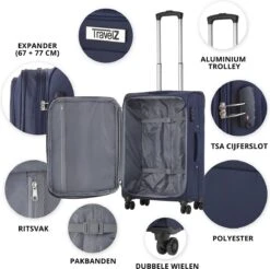 TravelZ Softspinner TSA Kofferset - 3-delige Zachte Trolleyset - Dubbele Wielen En Voorvakken Blauw -Reizen Verkoopwinkel 1200x1194 3