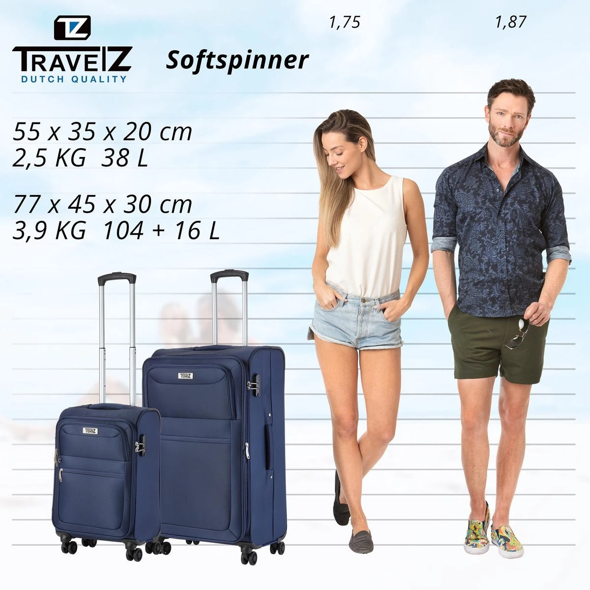 TravelZ Softspinner TSA Kofferset - 2-delig Handbagage + Grote Koffer 77cm - Dubbele Wielen - Blauw 7 TravelZ Softspinner TSA Kofferset - 2-delig Handbagage + Grote Koffer 77cm - Dubbele Wielen - Blauw - Afbeelding 7