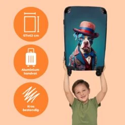 NoBoringSuitcases.com® Koffer Groot - Hond - Hoed - Colbert - Bloemen - Blauw - Trolley Koffer Met TSA-slot - Met Wielen - 90 Liter - Reiskoffer - 66 Cm -Reizen Verkoopwinkel 1200x1200 815