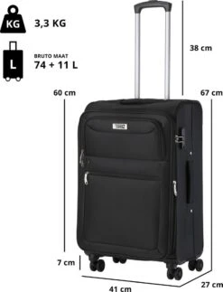 TravelZ Softspinner TSA Kofferset - 3-delige Zachte Trolleyset - Dubbele Wielen En Voorvakken Zwart -Reizen Verkoopwinkel 917x1200