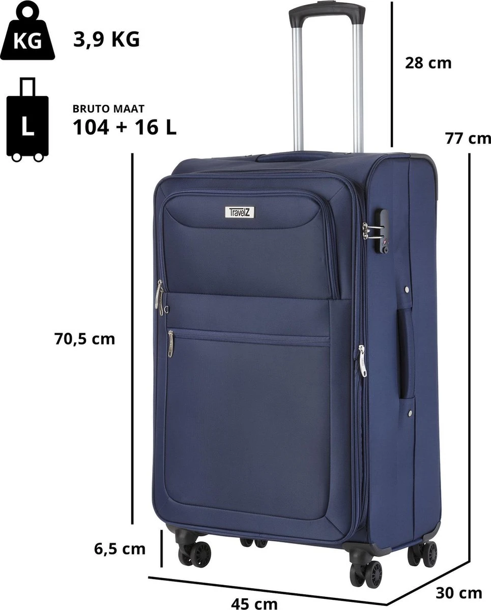TravelZ Softspinner TSA Kofferset - 2-delig Handbagage + Grote Koffer 77cm - Dubbele Wielen - Blauw 6 TravelZ Softspinner TSA Kofferset - 2-delig Handbagage + Grote Koffer 77cm - Dubbele Wielen - Blauw - Afbeelding 6