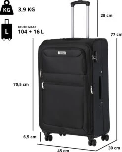 TravelZ Softspinner TSA Kofferset - 3-delige Zachte Trolleyset - Dubbele Wielen En Voorvakken Zwart -Reizen Verkoopwinkel 965x1200