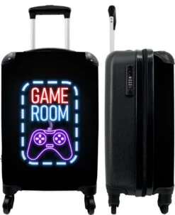 NoBoringSuitcases.com® Koffer - Trolley Op Wieltjes - Neon - Game Room - Tekst - Controller - Zwart - Reiskoffer - Past Binnen 55x40x20 Cm En 55x35x25 Cm - Koffertje - Trolley Handbagage