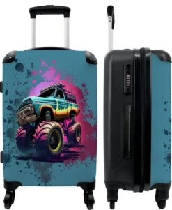 NoBoringSuitcases.com® Koffer Groot - Monstertruck - Verf - Graffiti - Roze - Neon - Trolley Koffer Met TSA-slot - Met Wielen - 90 Liter - Reiskoffer - 66 Cm